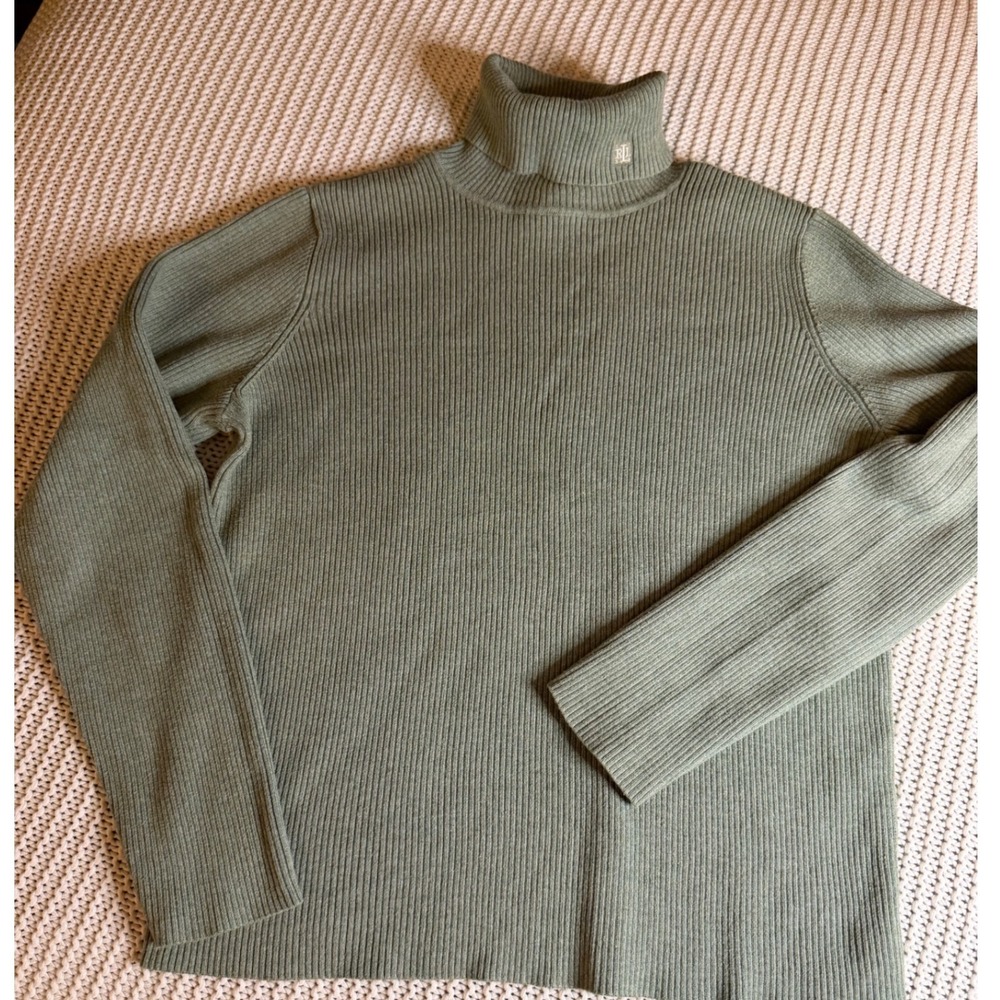 Lauren Ralph Lauren Sage Green Ribbed 100% Cotton Turtleneck Sweater Large